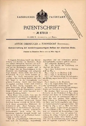 Original Patentschrift - Anton Oberegger in Fohnsdorf , Steiermark , 1895 , sieb für Erz , Steinkohle , Kohle !!!