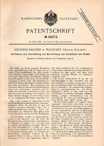 Original Patentschrift -  Heinrich Salcher in Wagstadt / Bilovec , 1892 , Knopfösen aus Draht , Knöpfe , Knopf !!!