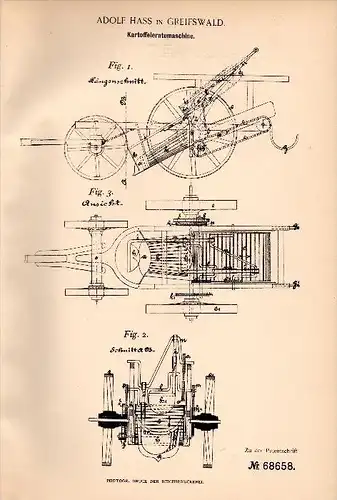 Original Patentschrift - Albert Hass in Greifswald i. Mecklenburg ,1892, Kartoffelerntemaschine , Landwirtschaft , Agrar
