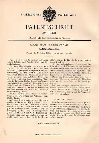 Original Patentschrift - Albert Hass in Greifswald i. Mecklenburg ,1892, Kartoffelerntemaschine , Landwirtschaft , Agrar