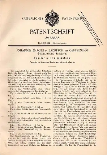 Original Patentschrift - J. Ehrcke in Badresch b. Oertzenhof , 1892 , Fenster , Fensterbau , Groß Miltzow , Mecklenburg