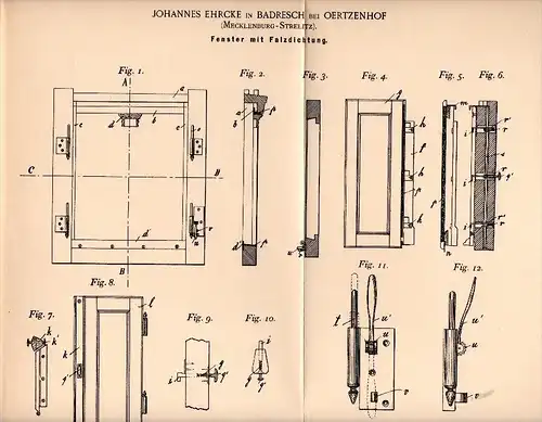 Original Patentschrift - J. Ehrcke in Badresch b. Oertzenhof , 1892 , Fenster , Fensterbau , Groß Miltzow , Mecklenburg