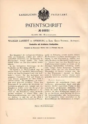 Original Patentschrift - Wilhelm Lambert in Arneburg a. Elbe , 1892 , Grudeofen , Heizungsbau , Ofen , Heizung !!!