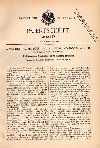 Original Patentschrift - Caspar Honegger in Rüti ,1892, Schützenwechsel für Webstuhl , Weberei , Weber , Zürich , Hinwil