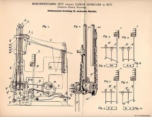 Original Patentschrift - Caspar Honegger in Rüti ,1892, Schützenwechsel für Webstuhl , Weberei , Weber , Zürich , Hinwil