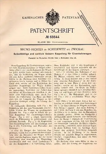 Original Patentschrift - Bruno Richter in Schedewitz b. Zwickau , 1892 , Kupplung für Eisenbahn !!!