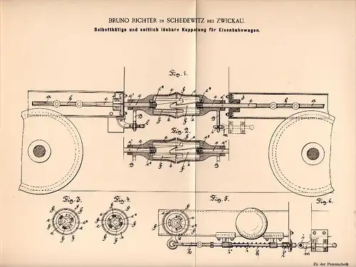 Original Patentschrift - Bruno Richter in Schedewitz b. Zwickau , 1892 , Kupplung für Eisenbahn !!!