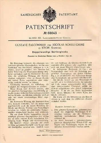 Original Patentschrift - G. Falconnier in Nyon , 1892 , doppelwandige Gartenglocke , Glocke , N. Scheluchine !!!