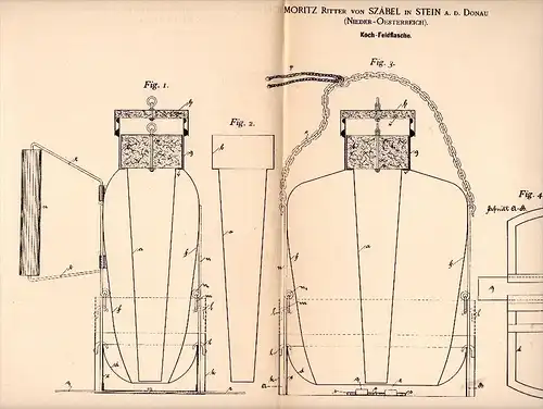 Original Patentschrift - Moritz Ritter von Szabel in Stein a.d. Donau , 1892 , Koch - Feldflasche , Krems !!!