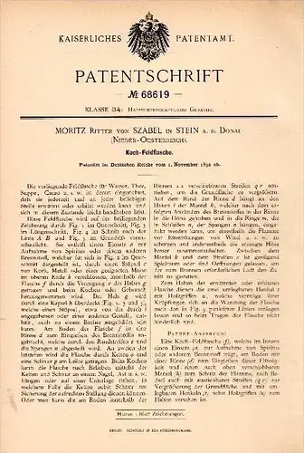 Original Patentschrift - Moritz Ritter von Szabel in Stein a.d. Donau , 1892 , Koch - Feldflasche , Krems !!!