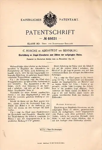 Original Patentschrift - C. Rusche in Aderstedt b. Bernburg , 1892 , Ziegel - Elevator , Ziegelei , Dachziegel !!!