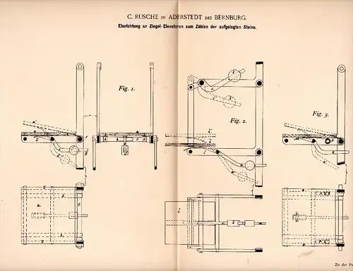 Original Patentschrift - C. Rusche in Aderstedt b. Bernburg , 1892 , Ziegel - Elevator , Ziegelei , Dachziegel !!!