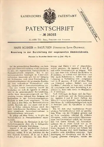 Original Patentschrift - Hans Schreib in Salzuflen , 1885 , Darstellung von Ammoniaksoda , Soda , Lippe - Detmold !!!