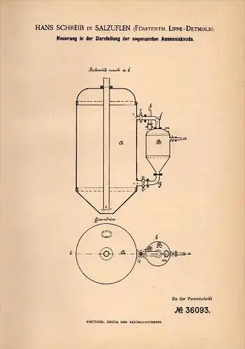 Original Patentschrift - Hans Schreib in Salzuflen , 1885 , Darstellung von Ammoniaksoda , Soda , Lippe - Detmold !!!