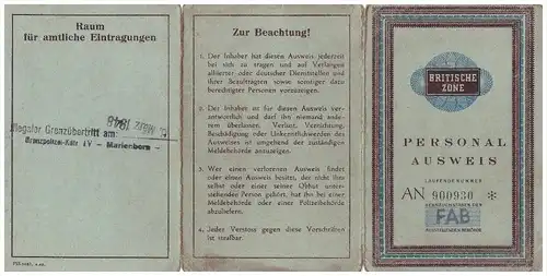 Ausweis - Britische Zone , illegaler Grenzübertritt , Castrop - Rauxel 1948, Grenze , Polizei , Marienborn , Sommersdorf