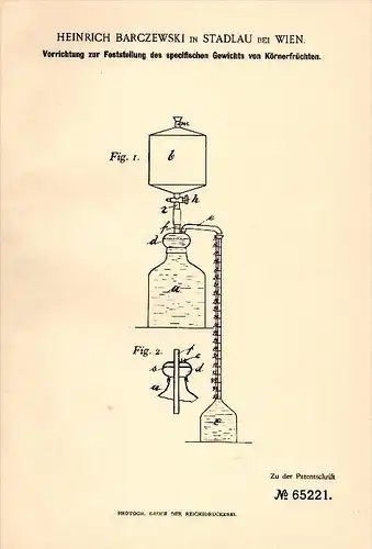 Original Patentschrift - Heinrich Barczewski in Stadlau b. Wien , 1892, Meßapparat für specifisches Gewicht bei Früchten