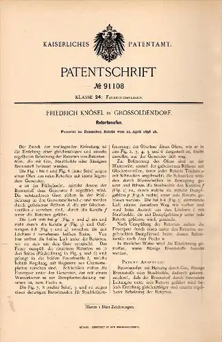 Original Patentschrift - Friedrich Knösel in Großoldendorf b. Uplengen , 1896 , Retortenofen , Feuerung , Heizung !!!