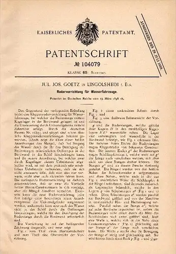 Original Patentschrift - Jos. Goetz dans Lingolsheim i. Elsass , 1898 , Dispositif de Rudder pour bateaux !!!