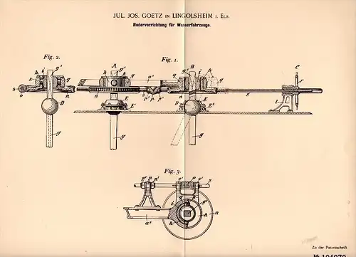 Original Patentschrift - Jos. Goetz dans Lingolsheim i. Elsass , 1898 , Dispositif de Rudder pour bateaux !!!