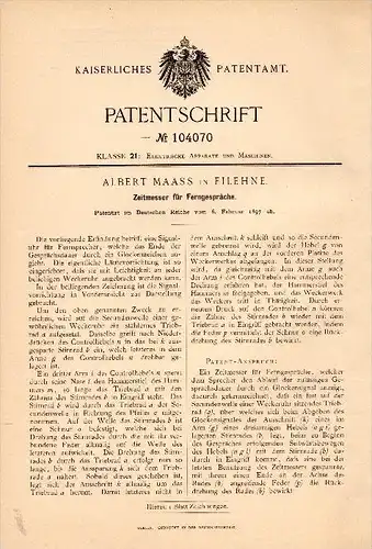Original Patentschrift - Albert Maass in Filehne / Wielen , 1897, Zeitmesser für Ferngespräche , Telephon , Fernsprecher