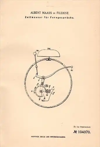 Original Patentschrift - Albert Maass in Filehne / Wielen , 1897, Zeitmesser für Ferngespräche , Telephon , Fernsprecher