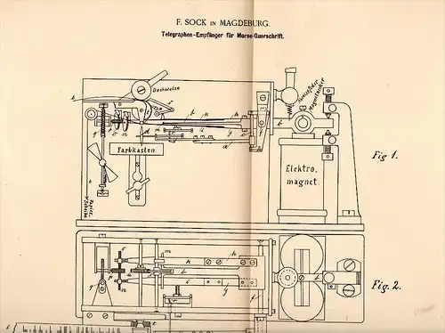 Original Patentschrift - F. Sock in Magdeburg , 1890 , Receiver for telegraphy , Telegraphie , Morse - Schrift !!!