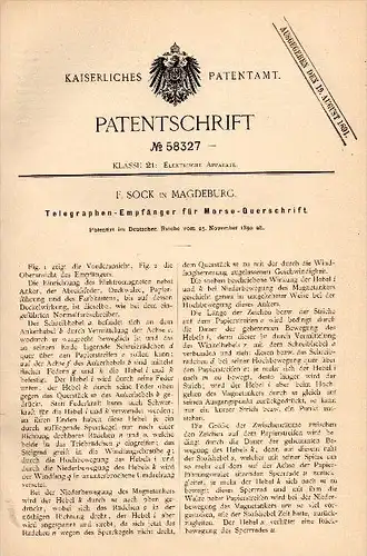 Original Patentschrift - F. Sock in Magdeburg , 1890 , Receiver for telegraphy , Telegraphie , Morse - Schrift !!!