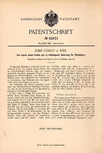 Original Patentschrift - Josef Goriup in Wien , 1894 , Sicherung für Türklinke , Türenbau , Schlüsseldienst , Tür !!!