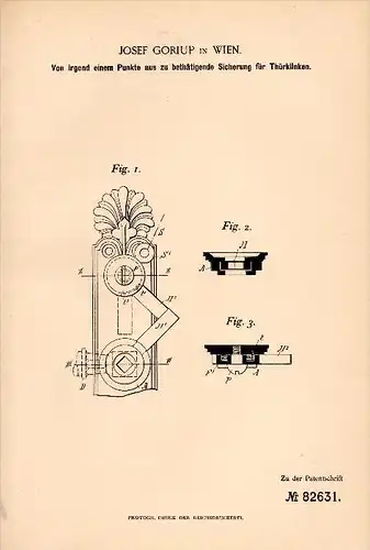 Original Patentschrift - Josef Goriup in Wien , 1894 , Sicherung für Türklinke , Türenbau , Schlüsseldienst , Tür !!!