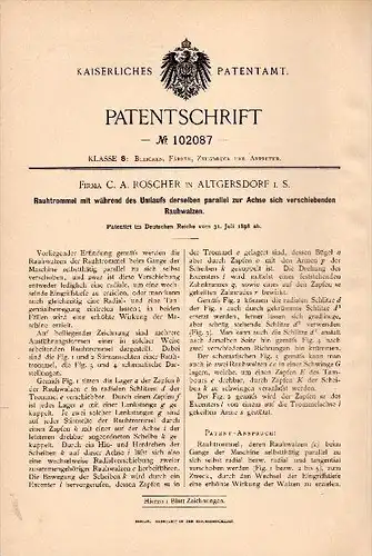Original Patentschrift - C.A. Roscher in Altgersdorf b. Neugersdorf i.S., 1898 , Rauhtrommel , Färberei , Bleichen !!!