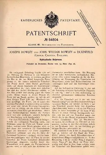 Original Patentschrift - J. Rowley in Dukinfield , Chester , 1895 , Hydraulic Press for hats , hat , felt !!!