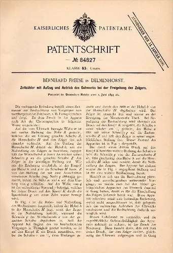 Original Patentschrift - Bernhard Freese in Delmenhorst , 1895 , Zeitzähler , Uhr , Chronograph , Uhrmacher !!!