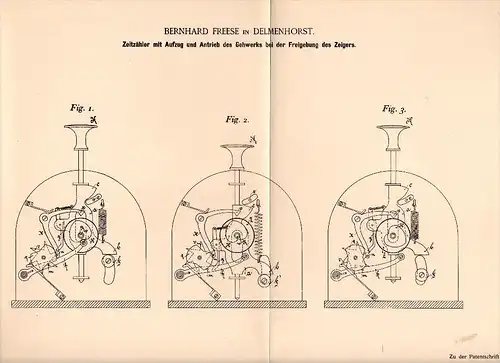Original Patentschrift - Bernhard Freese in Delmenhorst , 1895 , Zeitzähler , Uhr , Chronograph , Uhrmacher !!!