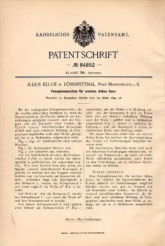 Original Patentschrift -J. Kluge in Lößnitztal / Oederan b. Leubsdorf , 1894 , Fein - Spinnmaschine , Spinnerei !!!