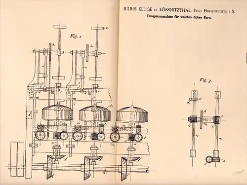 Original Patentschrift -J. Kluge in Lößnitztal / Oederan b. Leubsdorf , 1894 , Fein - Spinnmaschine , Spinnerei !!!