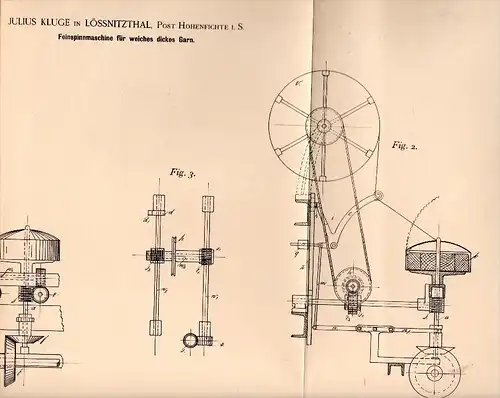 Original Patentschrift -J. Kluge in Lößnitztal / Oederan b. Leubsdorf , 1894 , Fein - Spinnmaschine , Spinnerei !!!