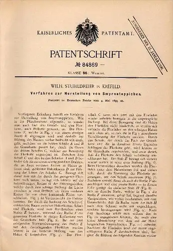 Original Patentschrift -W. Stuhldreier in Krefeld ,1895, Herstellung von Smyrna - Teppichen , Perser , Teppich , Weberei
