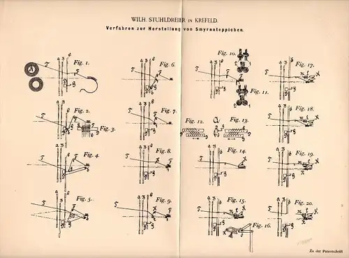 Original Patentschrift -W. Stuhldreier in Krefeld ,1895, Herstellung von Smyrna - Teppichen , Perser , Teppich , Weberei