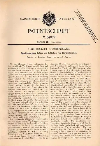 Original Patentschrift - Carl  Beckert in Überlingen a. Bodensee , 1895 , Vorrichtung für Oberlichtfenster , Fensterbau