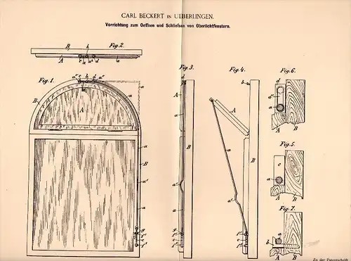 Original Patentschrift - Carl  Beckert in Überlingen a. Bodensee , 1895 , Vorrichtung für Oberlichtfenster , Fensterbau