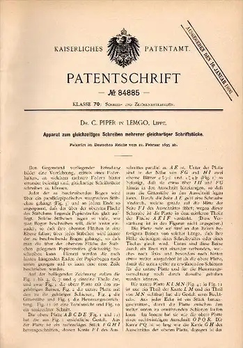 Original Patentschrift - Dr. C. Piper in Lemgo , Lippe , 1895 , Apparat zum Schreiben mehrerer Schriftstücke , Büro !