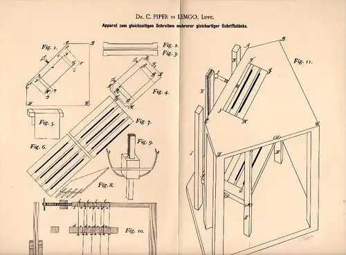 Original Patentschrift - Dr. C. Piper in Lemgo , Lippe , 1895 , Apparat zum Schreiben mehrerer Schriftstücke , Büro !
