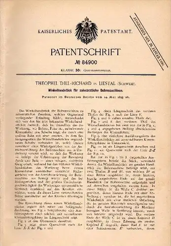Original Patentschrift - Theophil Dill - Richard in Liestal , 1895 , Bohrmaschine für Zahnarzt , Arzt , Zahn !!!