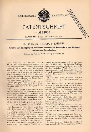 Original Patentschrift - Fr. Sixta und J. Hudec in Kremsier / Kromeriz , 1895 , Ammoniak - Beseitigung aus Zuckerfabrik