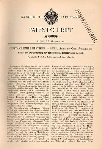 Original Patentschrift -G. Berthier dans Rueil , Seine et Oise ,1891,Guide pour porte coulissante et fenêtre coulissante