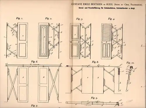 Original Patentschrift -G. Berthier dans Rueil , Seine et Oise ,1891,Guide pour porte coulissante et fenêtre coulissante