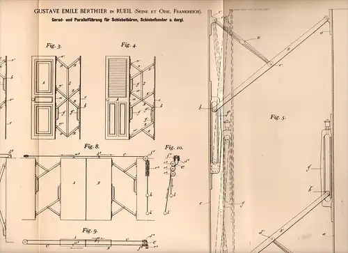 Original Patentschrift -G. Berthier dans Rueil , Seine et Oise ,1891,Guide pour porte coulissante et fenêtre coulissante