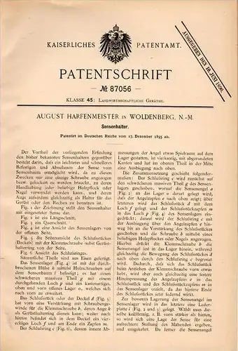 Original Patentschrift - A. Harfenmeister in Woldenberg / Dobiegniew i. Neumark , 1895 , Halter für Sense , Agrar !!!