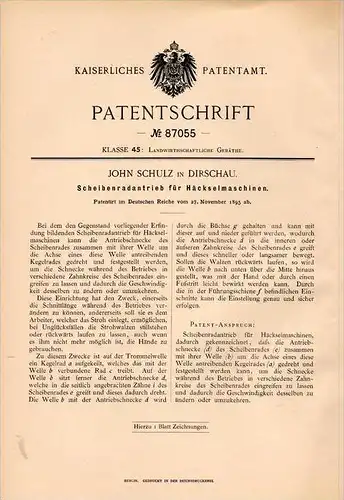 Original Patentschrift - John Schulz in Dirschau / Tczew in Pommern , 1895 , Häckselmaschine - Antrieb , Agrar !!!