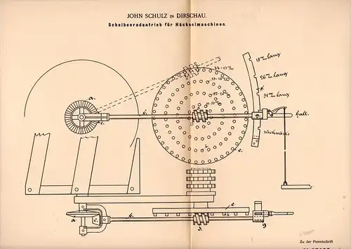 Original Patentschrift - John Schulz in Dirschau / Tczew in Pommern , 1895 , Häckselmaschine - Antrieb , Agrar !!!